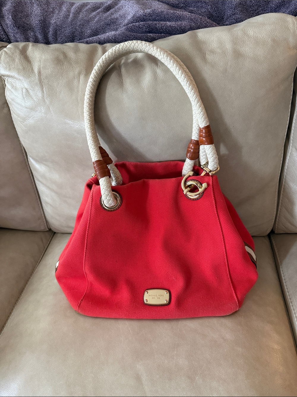Michael Kors Orange Canvas Shoulder Tote with Cream Rope Handles